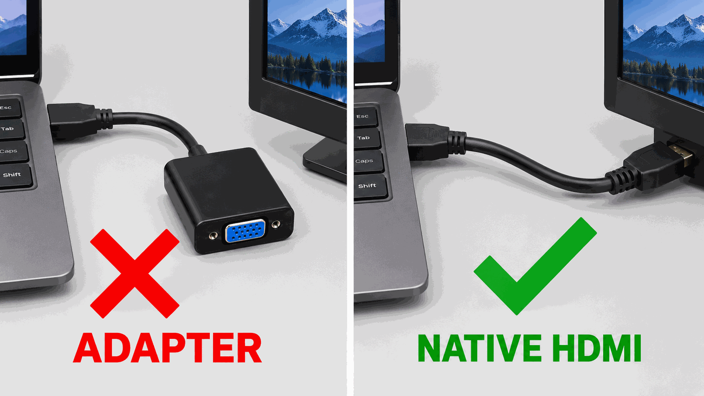 Side-by-side: HDMI to VGA adapter with red X versus direct HDMI cable with green check