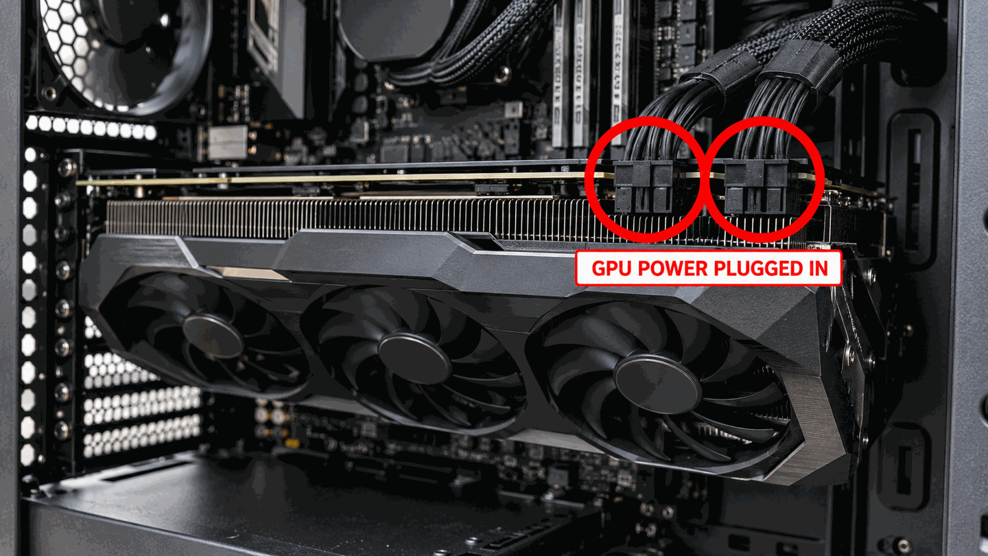 Graphics card with PCIe power connectors highlighted by red circles