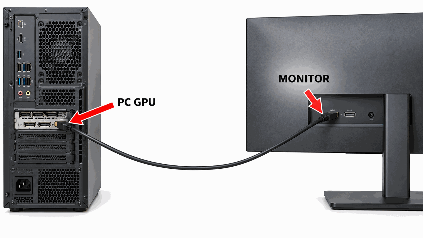 Simplified diagram PC GPU to monitor with single HDMI cable and red arrows at both ends