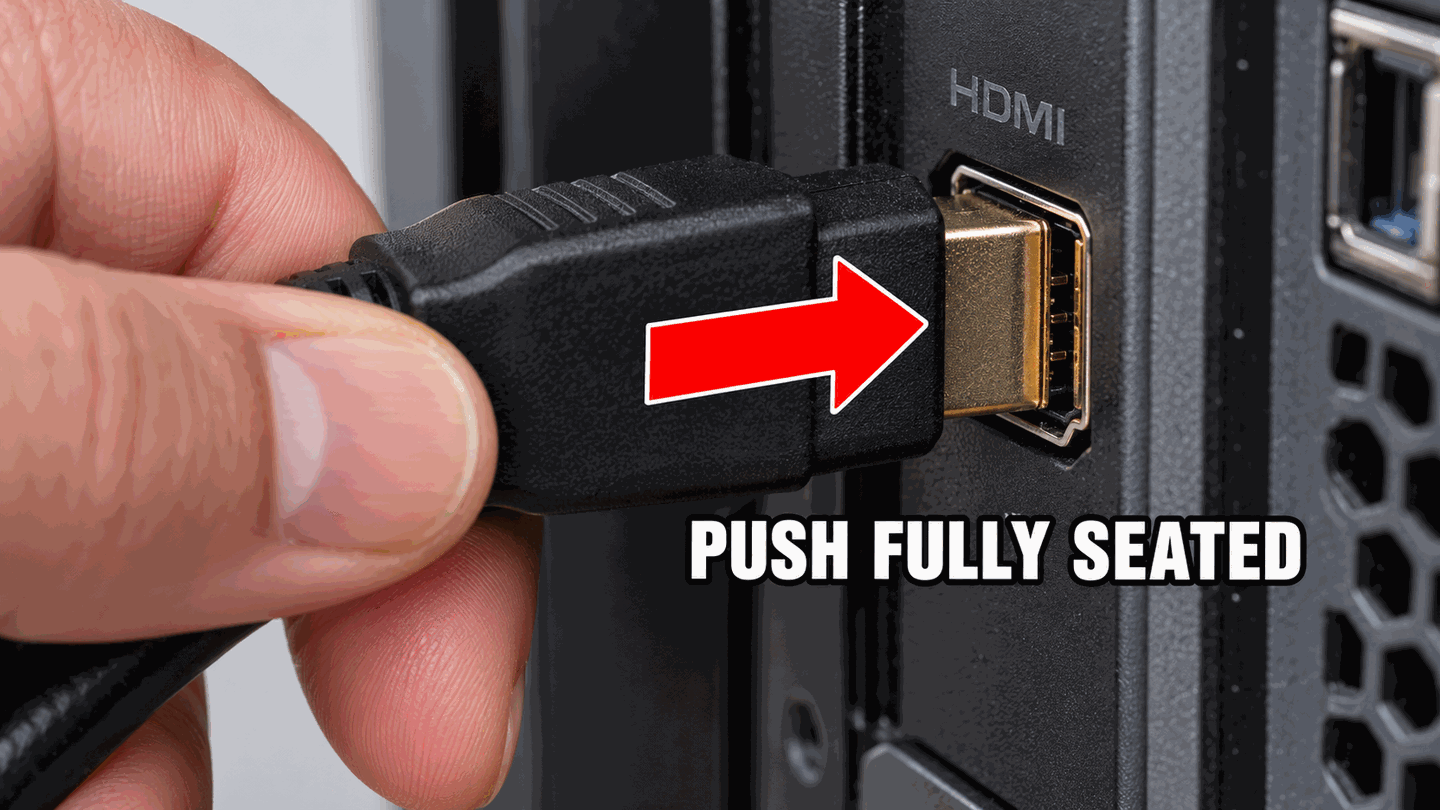 Hands seating an HDMI connector fully into a port with a red arrow showing push direction