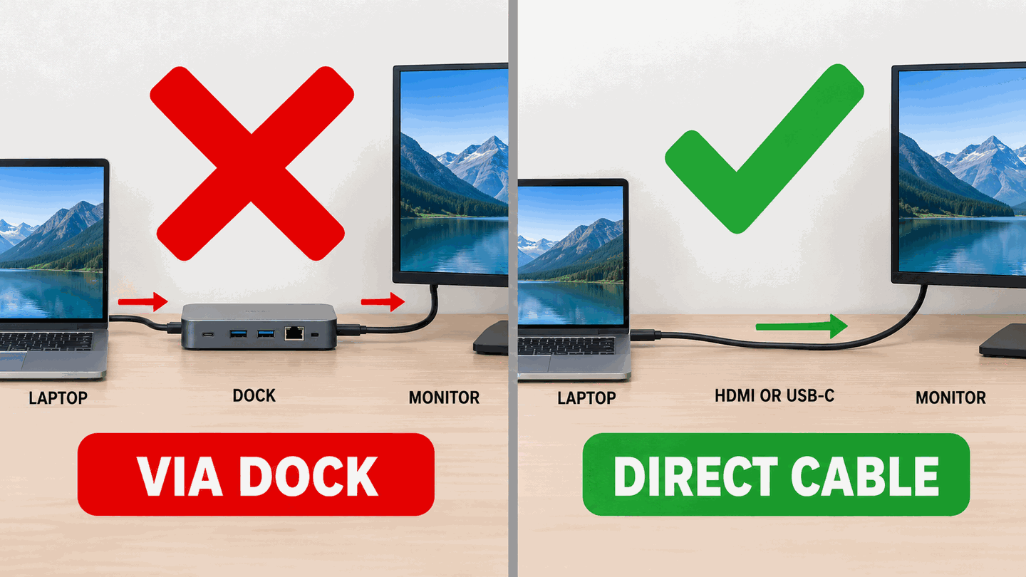 Diagram showing laptop to dock to monitor crossed out, and laptop direct HDMI to monitor with green check