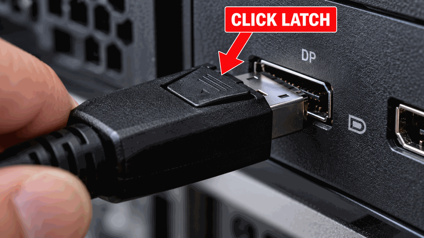 DisplayPort connector with latch and red arrow showing click-in seating