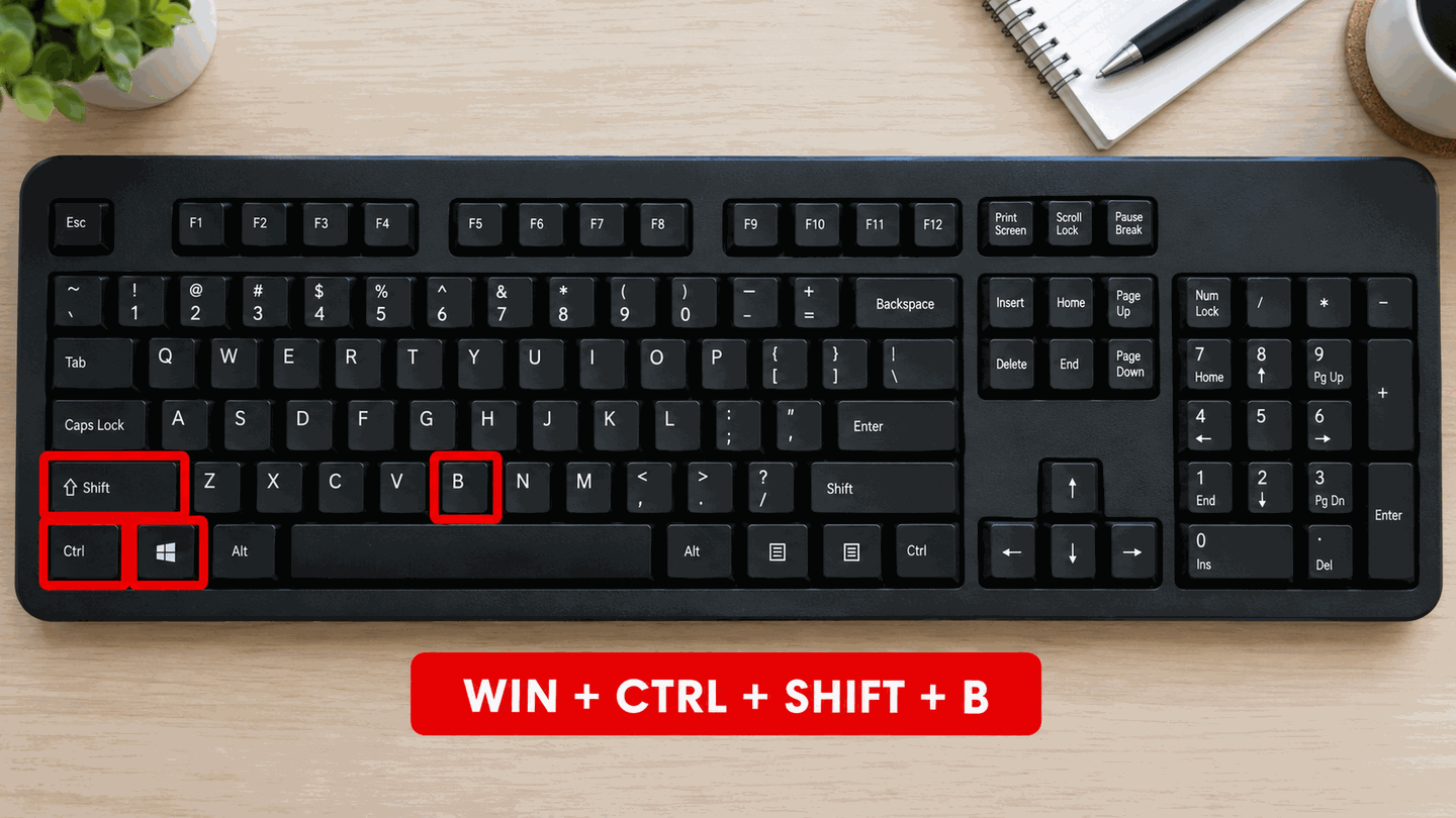 Keyboard diagram highlighting Windows, Ctrl, Shift, and B keys with a red box