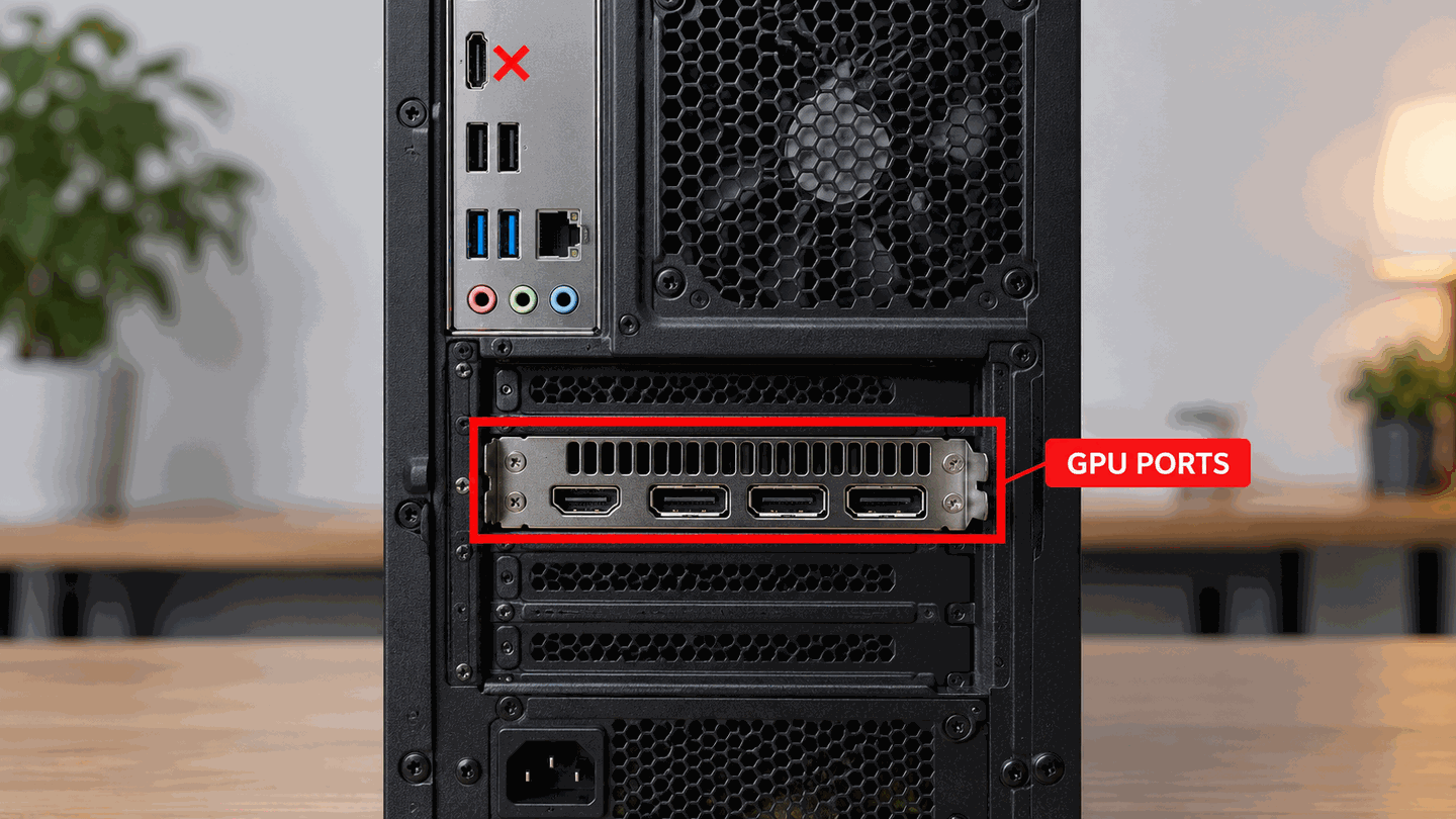 Rear of PC highlighting GPU bracket HDMI with red box and motherboard HDMI marked with red X