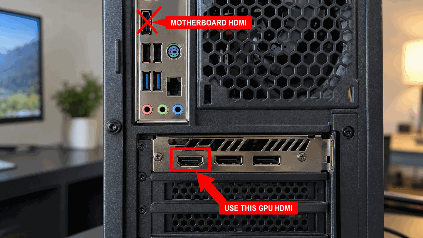 PC rear panel diagram with arrow pointing to GPU HDMI port and red X on motherboard HDMI