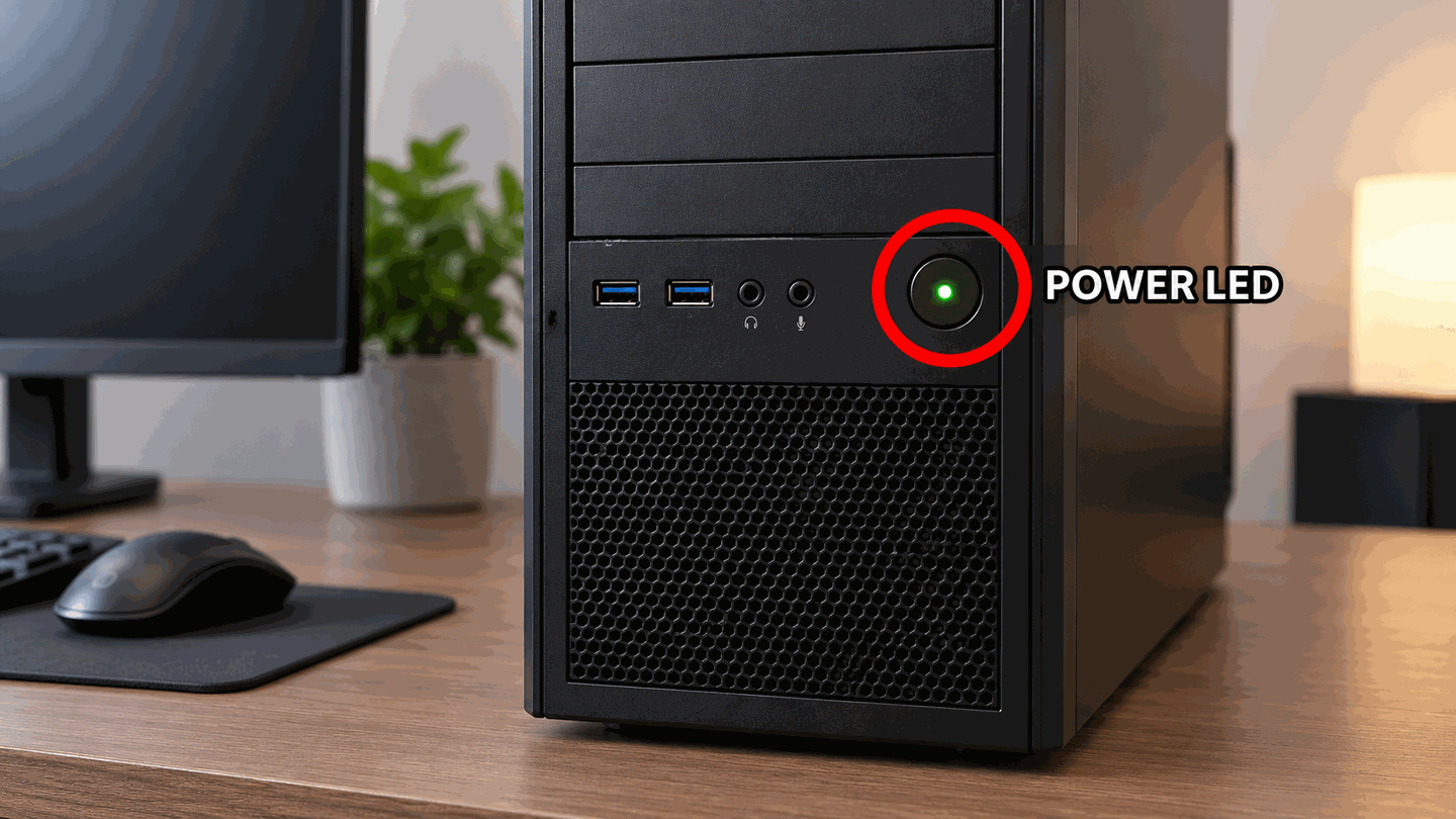 Desktop PC case with power LED highlighted by a red circle