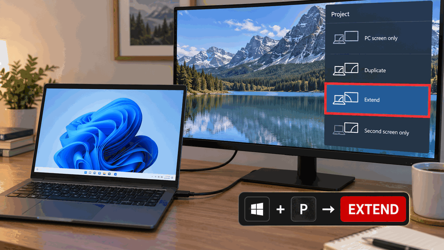 Laptop and external monitor with Win+P projection modes listed and Extend highlighted