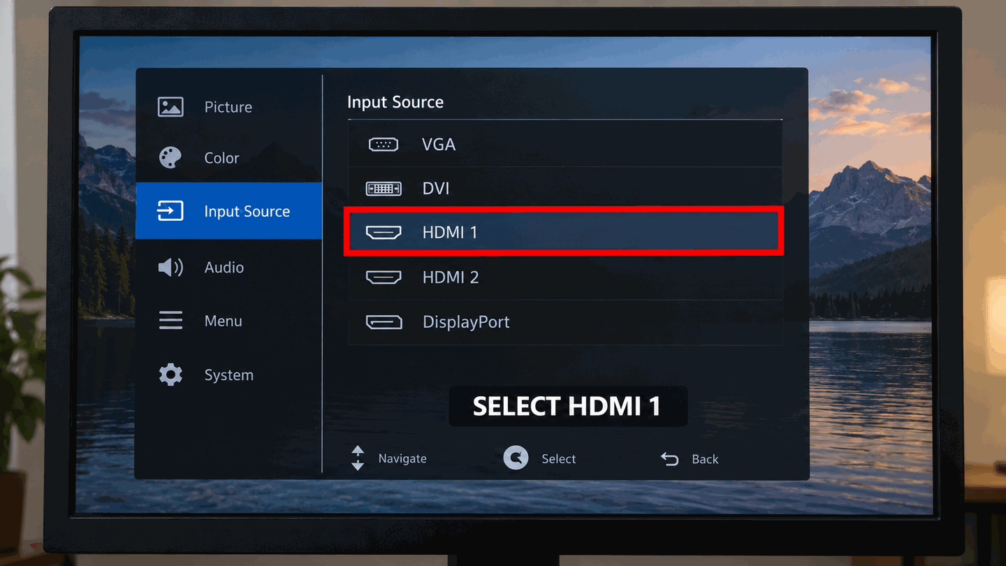 Monitor OSD input menu with HDMI 1 highlighted by a red box