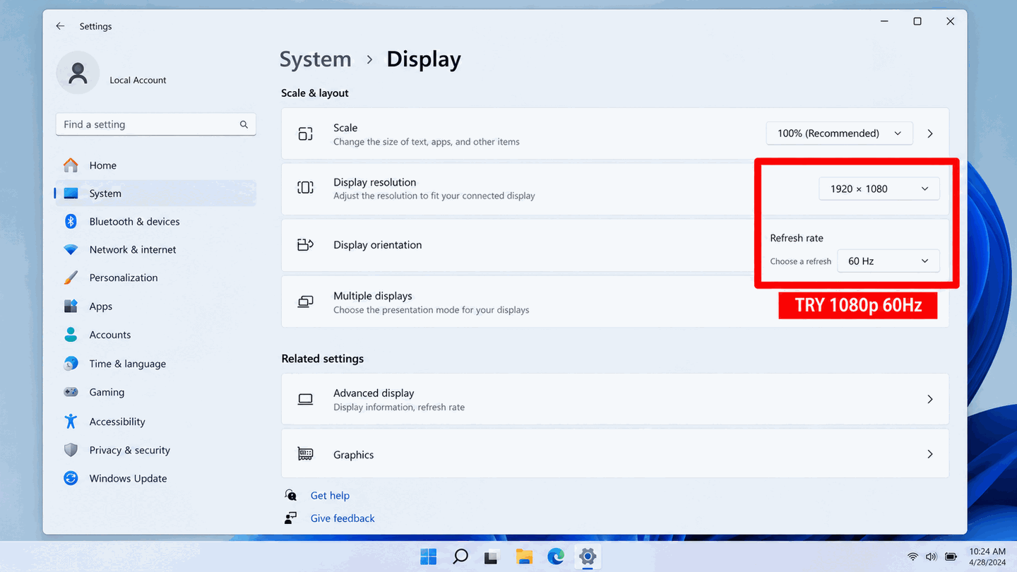 Windows Display settings mockup with resolution dropdown and red box around 1920x1080 60Hz